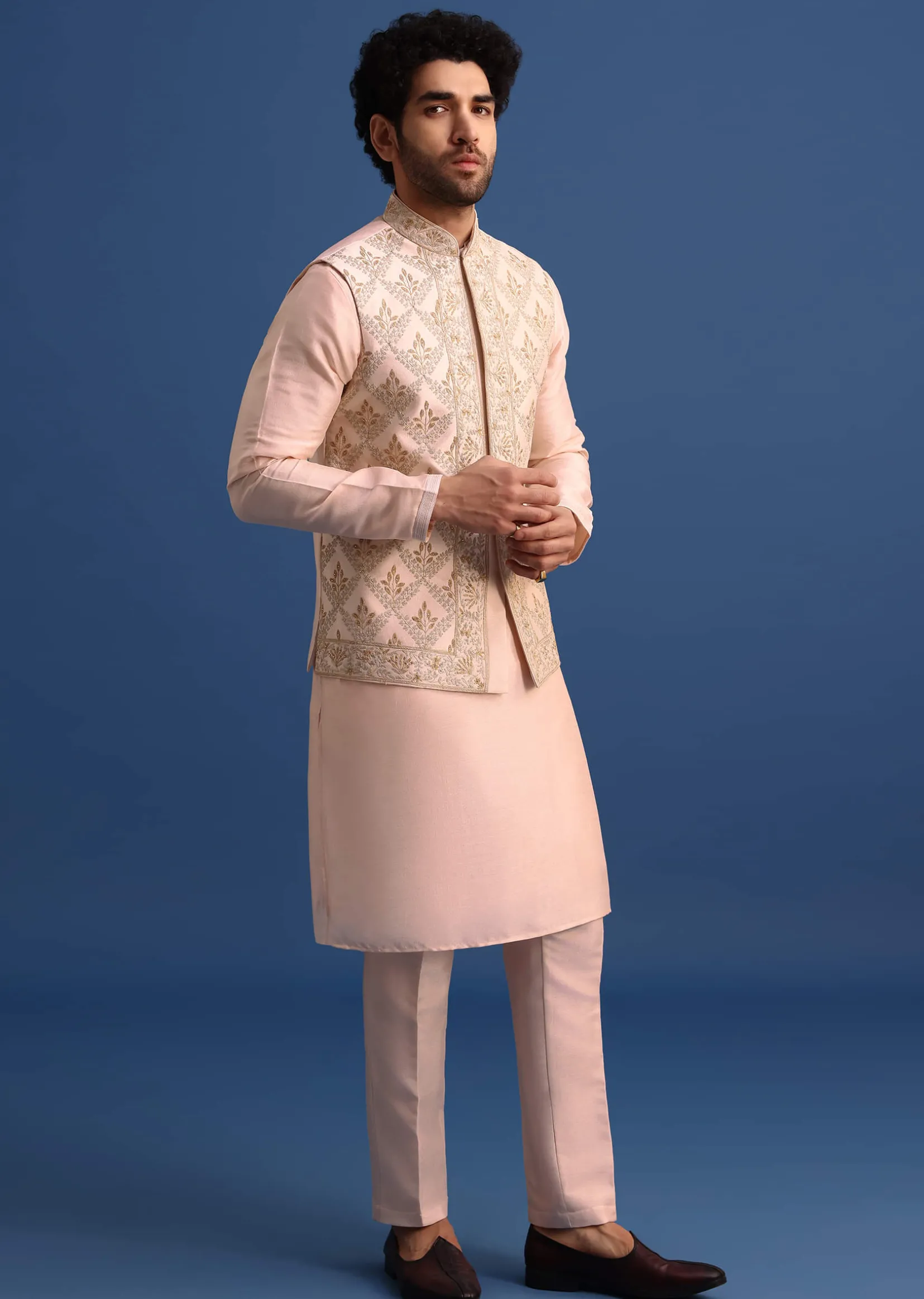Peach Kurta Jacket Set With Zari Embroidery For Men