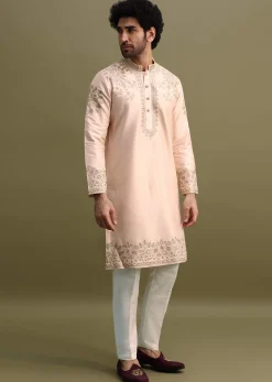 Peach Kurta Set With Gold And Silver Zari Work