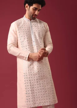 Peach Kurta Set With Mirror Work In Silk