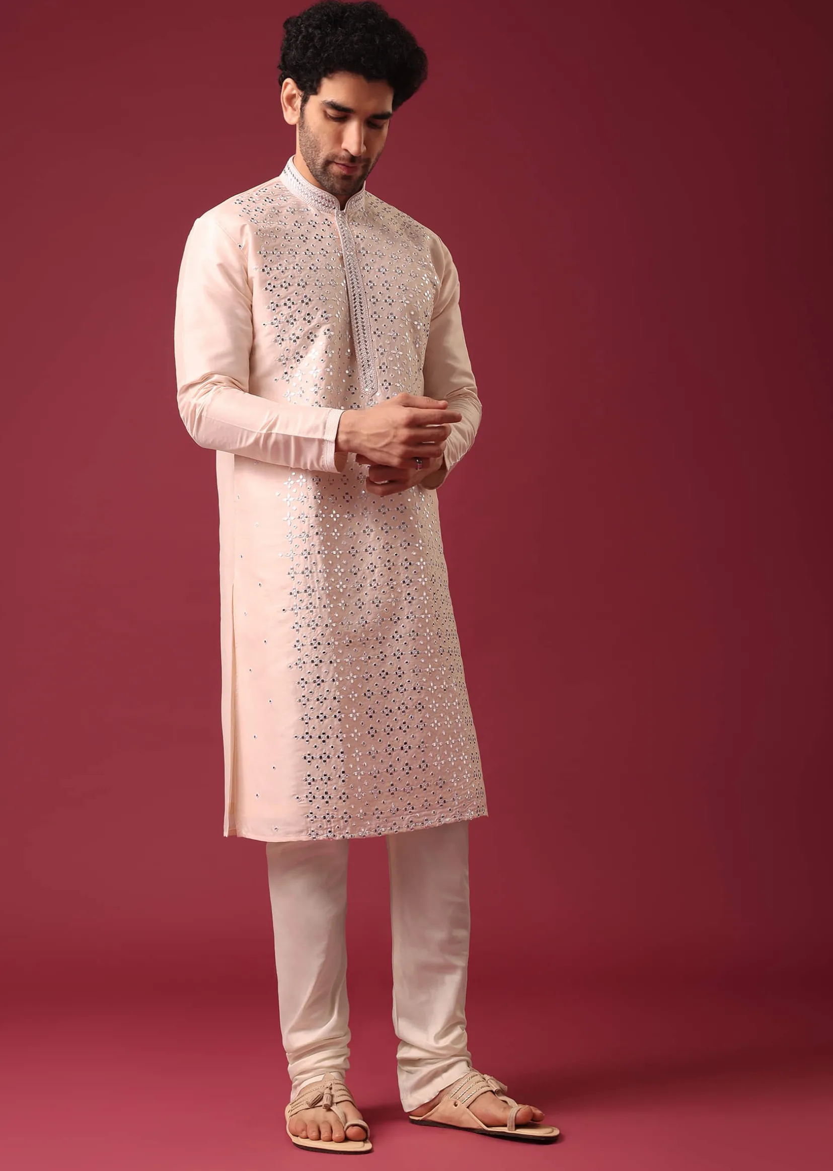 Peach Kurta Set With Mirror Work In Silk
