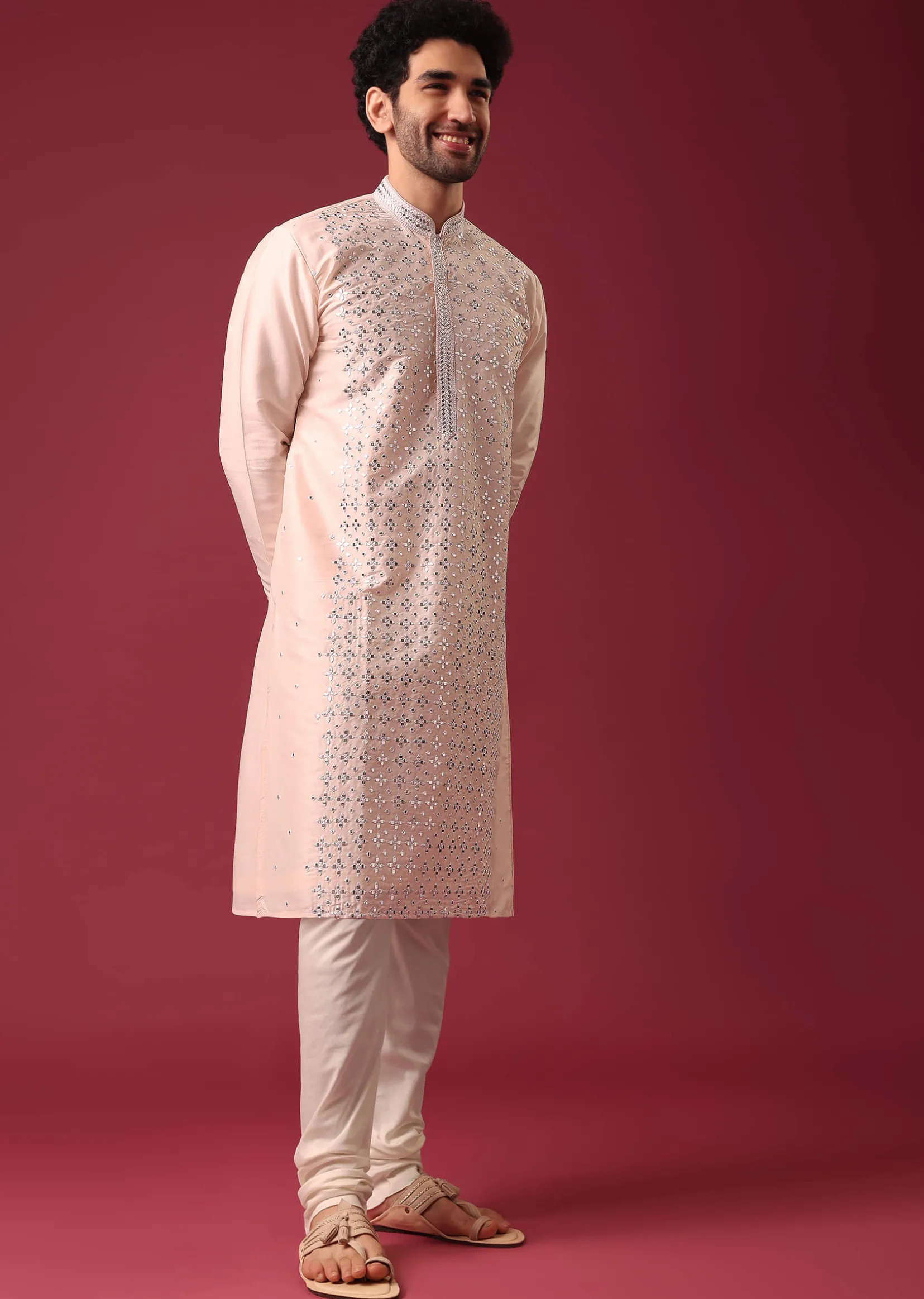 Peach Kurta Set With Mirror Work In Silk