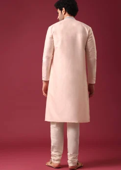 Peach Kurta Set With Mirror Work In Silk