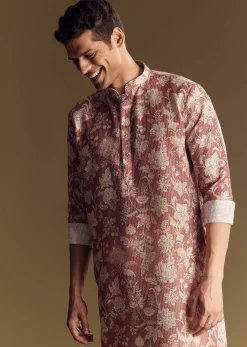 Peach Linen Kurta Set With Floral Print And Kantha Work