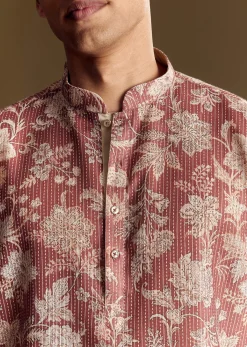 Peach Linen Kurta Set With Floral Print And Kantha Work