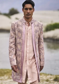 Peach Linen Sherwani With Hand Embroidery