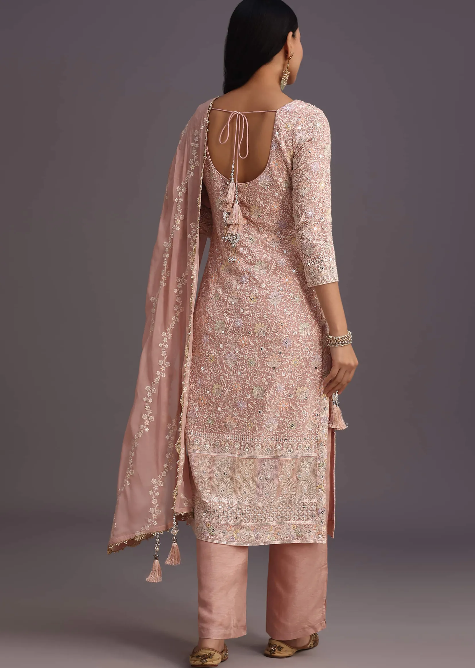 Peach Lucknowi Kurta Set With Resham Work Dupatta