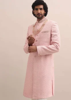 Peach Lucknowi Sherwani In Silk For Men