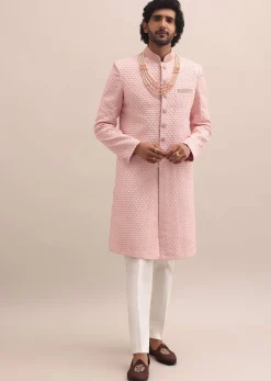 Peach Lucknowi Sherwani In Silk For Men