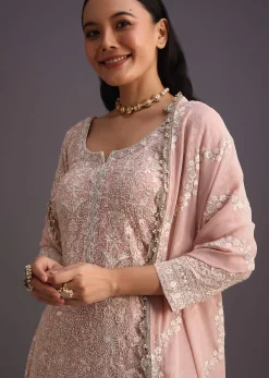 Peach Lucknowi Work Kurta Set With Flared Palazzo And Resham Dupatta