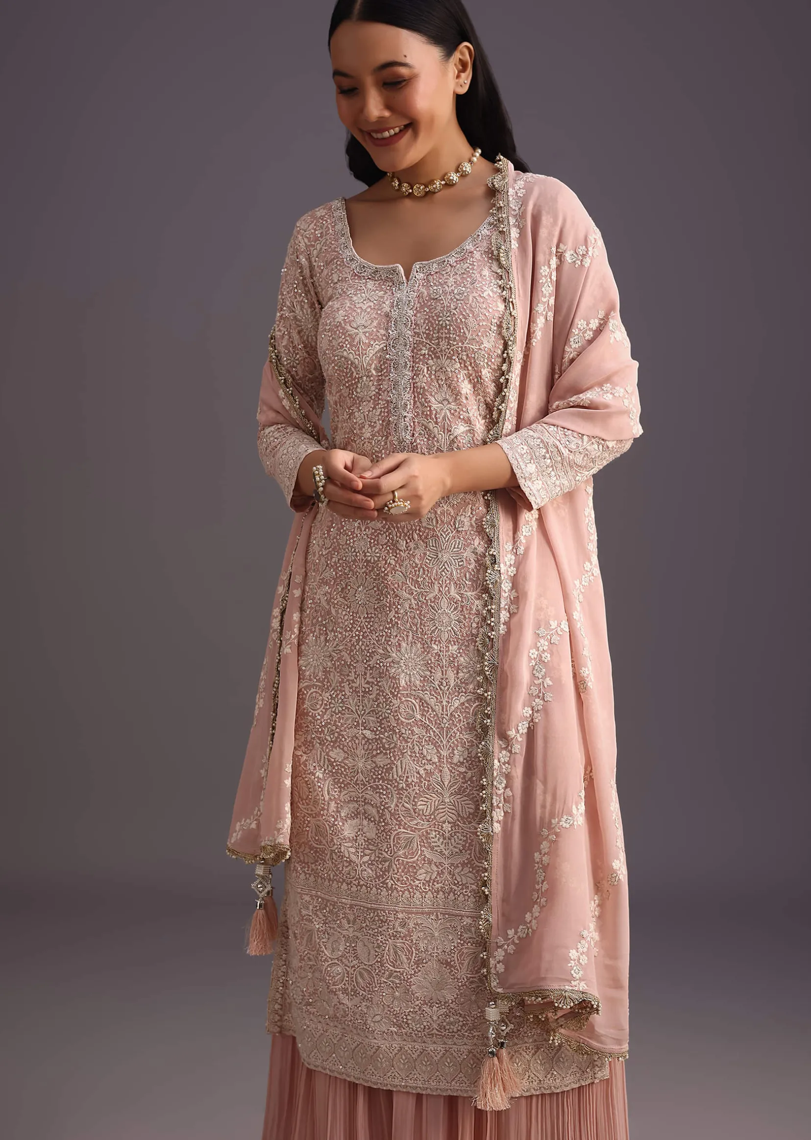 Peach Lucknowi Work Kurta Set With Flared Palazzo And Resham Dupatta