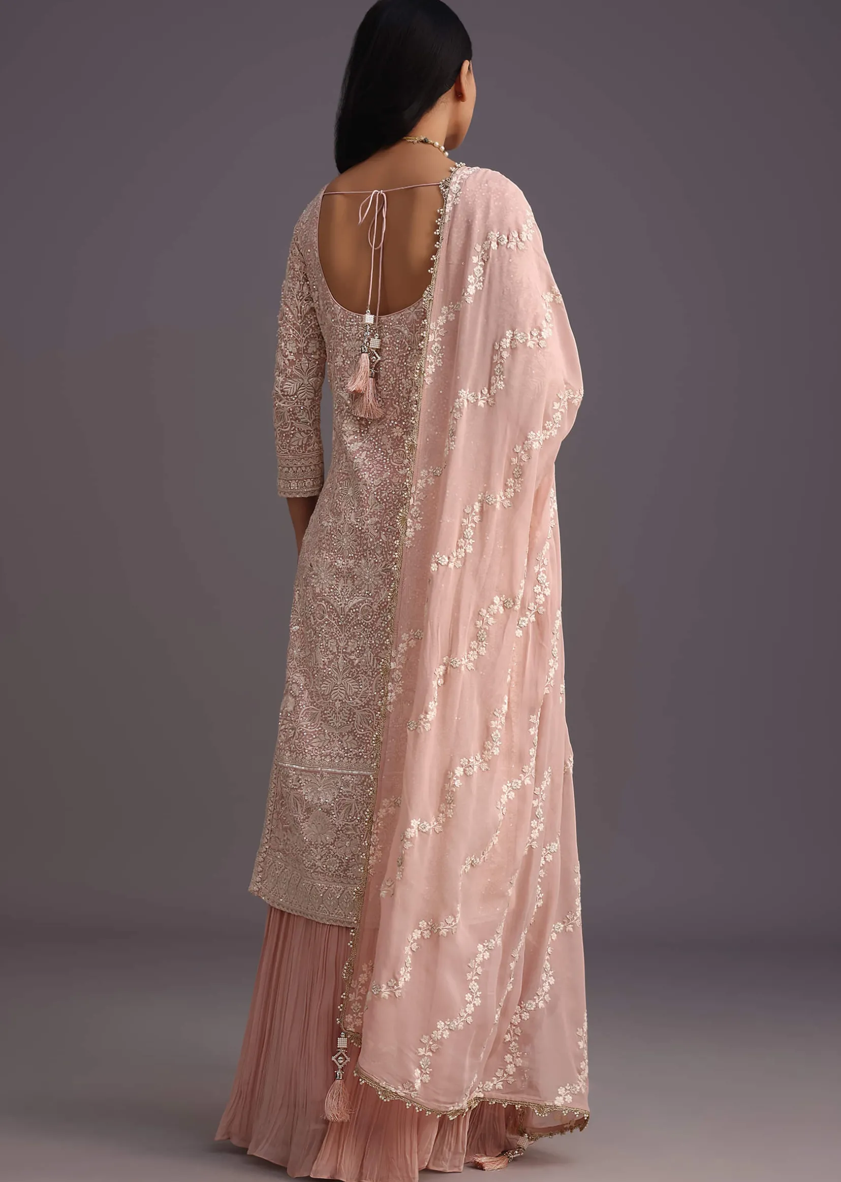 Peach Lucknowi Work Kurta Set With Flared Palazzo And Resham Dupatta