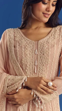 Peach Moti Beads Georgette Anarkali Set With Tassel Dupatta