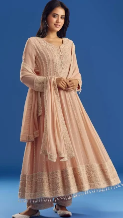 Peach Moti Beads Georgette Anarkali Set With Tassel Dupatta