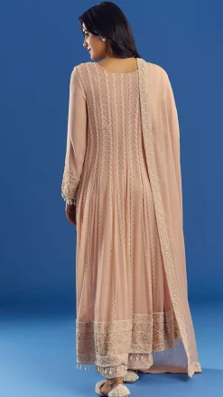 Peach Moti Beads Georgette Anarkali Set With Tassel Dupatta