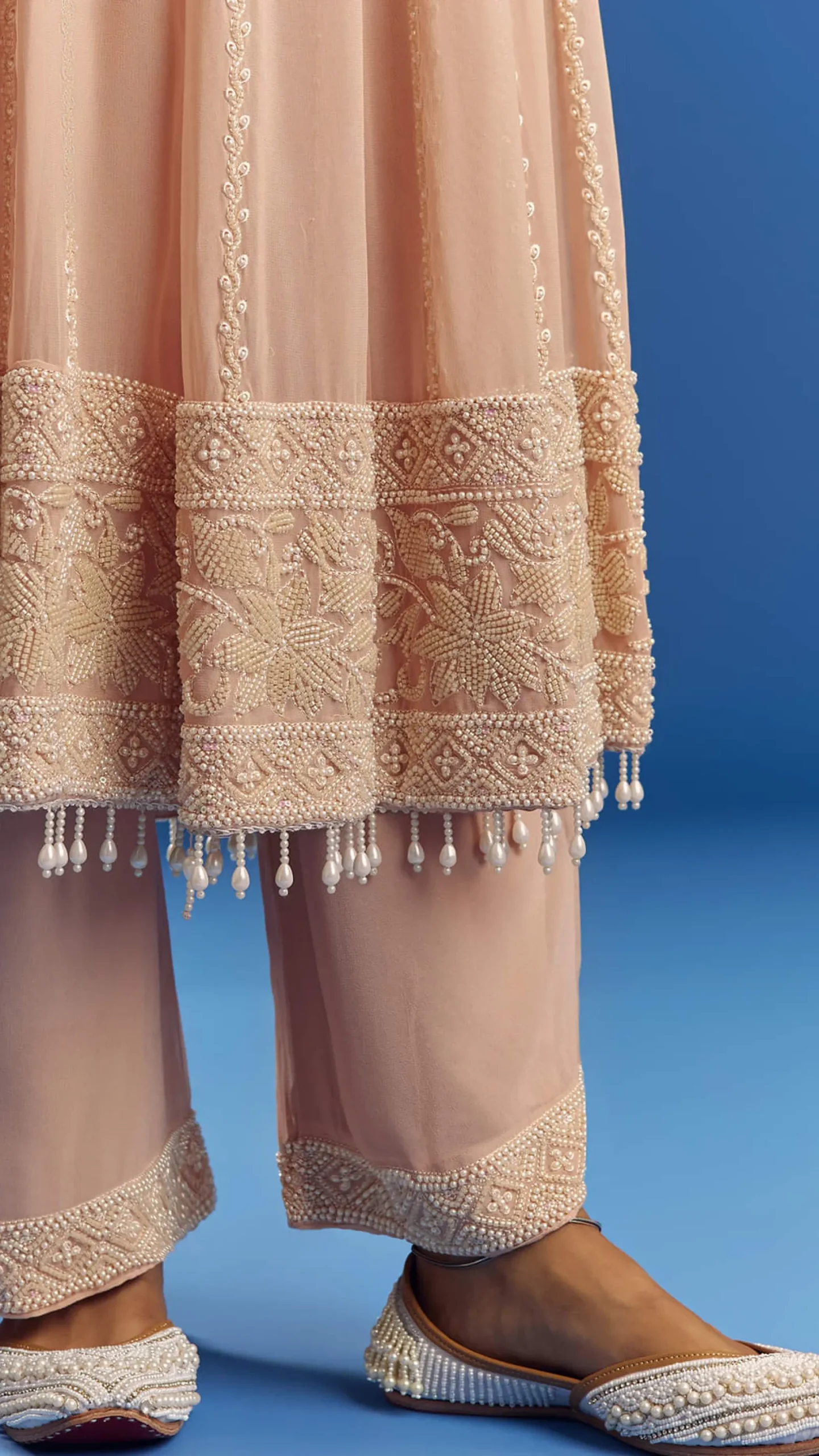 Peach Moti Beads Georgette Anarkali Set With Tassel Dupatta