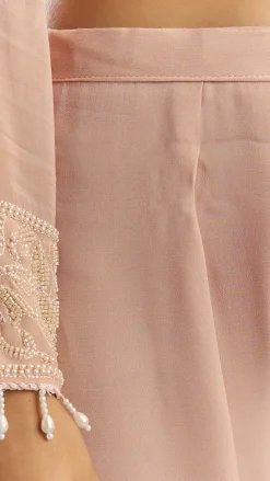 Peach Moti Beads Georgette Anarkali Set With Tassel Dupatta