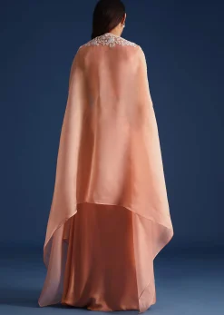 Peach Moti Work Jacket With Skirt And Crop Top