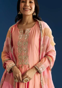 Peach Muslin Kurta Set With Gotta Lace Pant And Dupatta