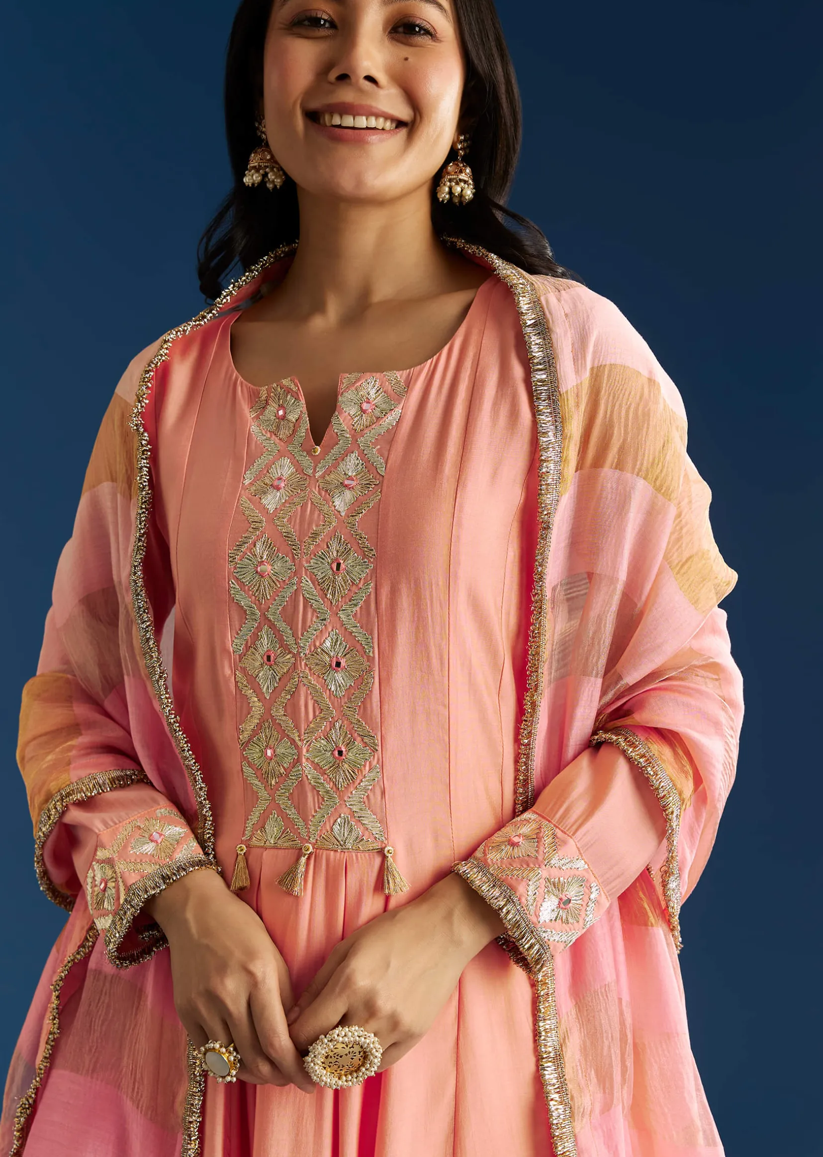 Peach Muslin Kurta Set With Gotta Lace Pant And Dupatta