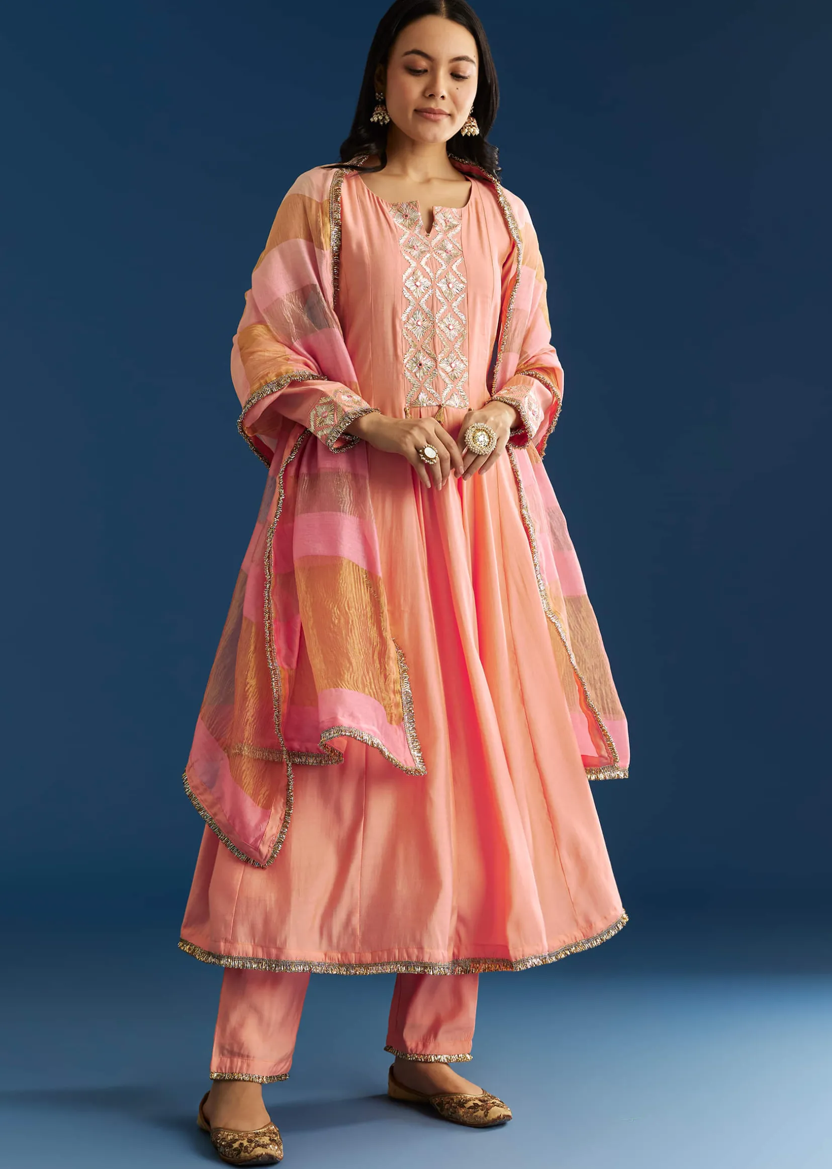 Peach Muslin Kurta Set With Gotta Lace Pant And Dupatta