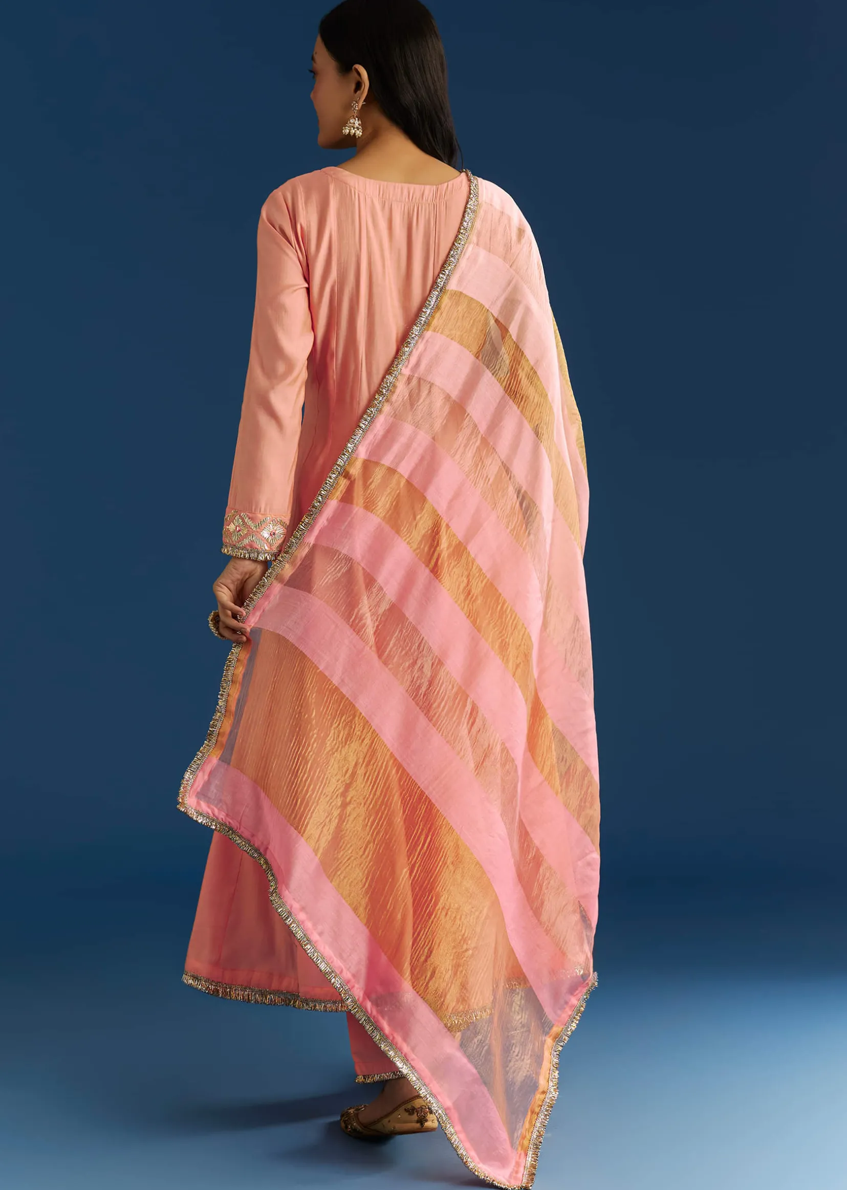 Peach Muslin Kurta Set With Gotta Lace Pant And Dupatta