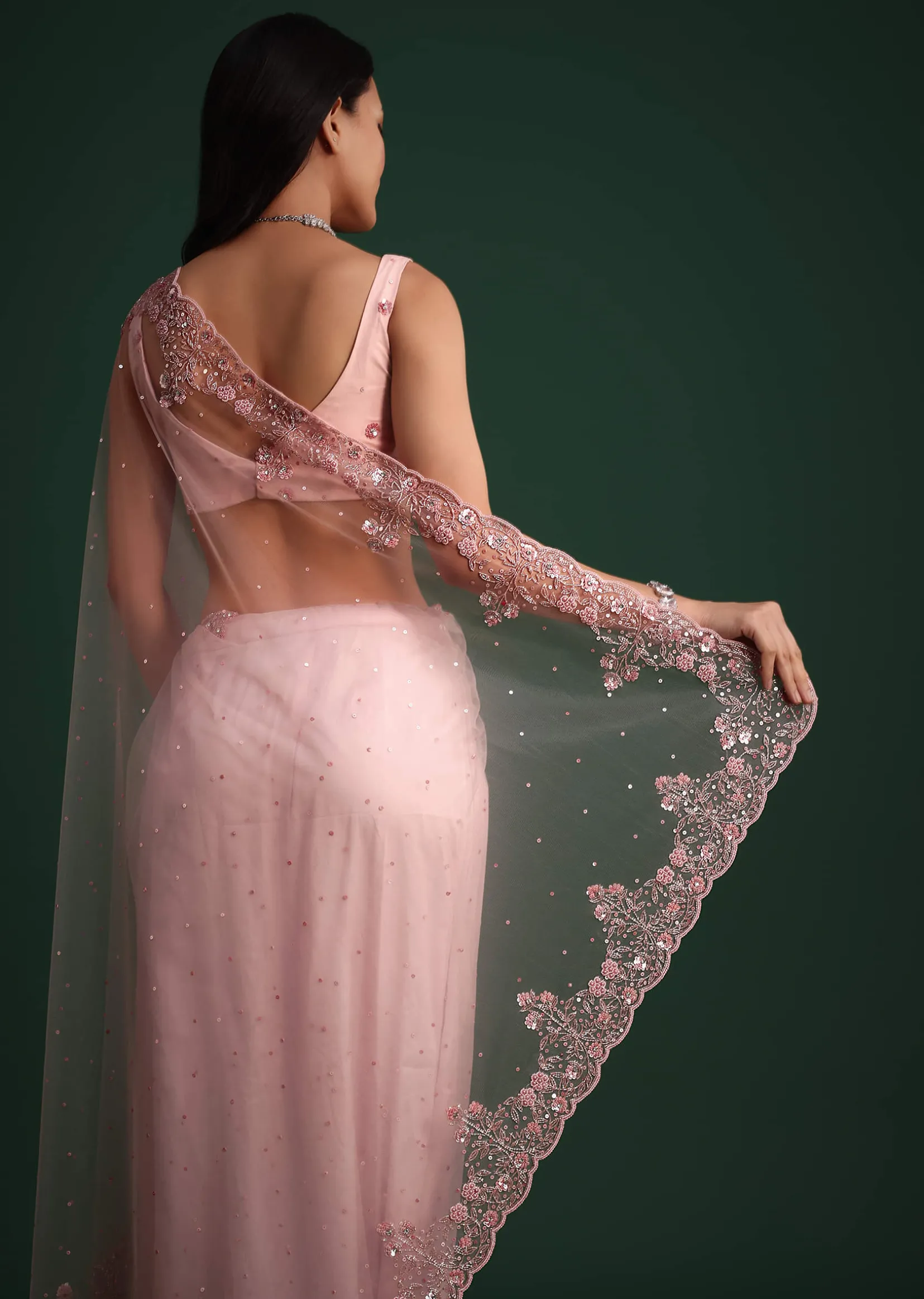 Peach Net Saree With Cutdana And Sequin Embroidery