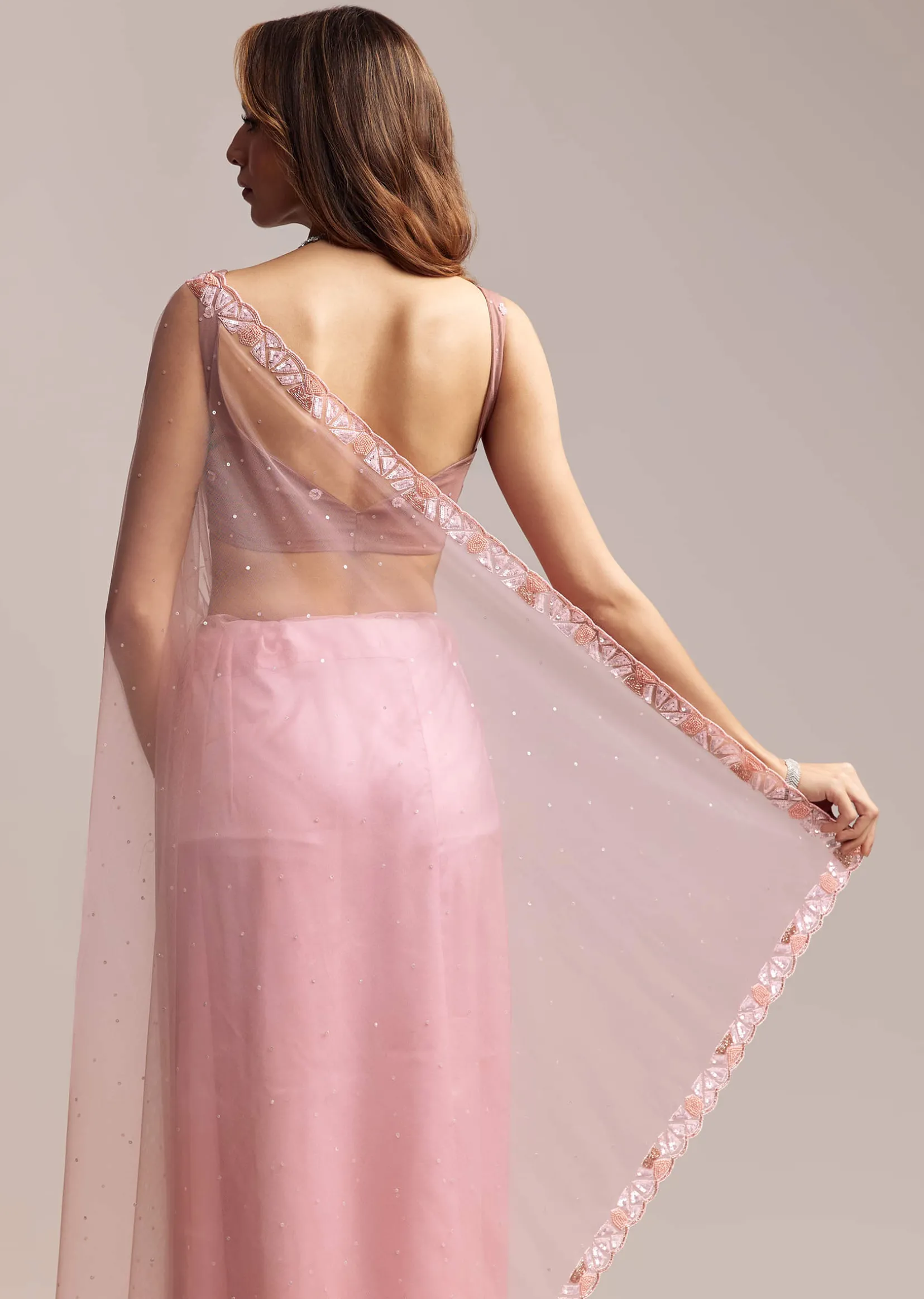 Peach Net Saree With Sequin Embroidery