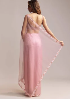 Peach Net Saree With Sequin Embroidery