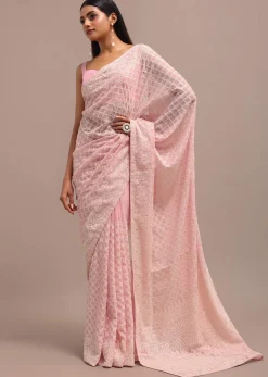 Peach Ombre Chikankari Saree With Unstitched Blouse