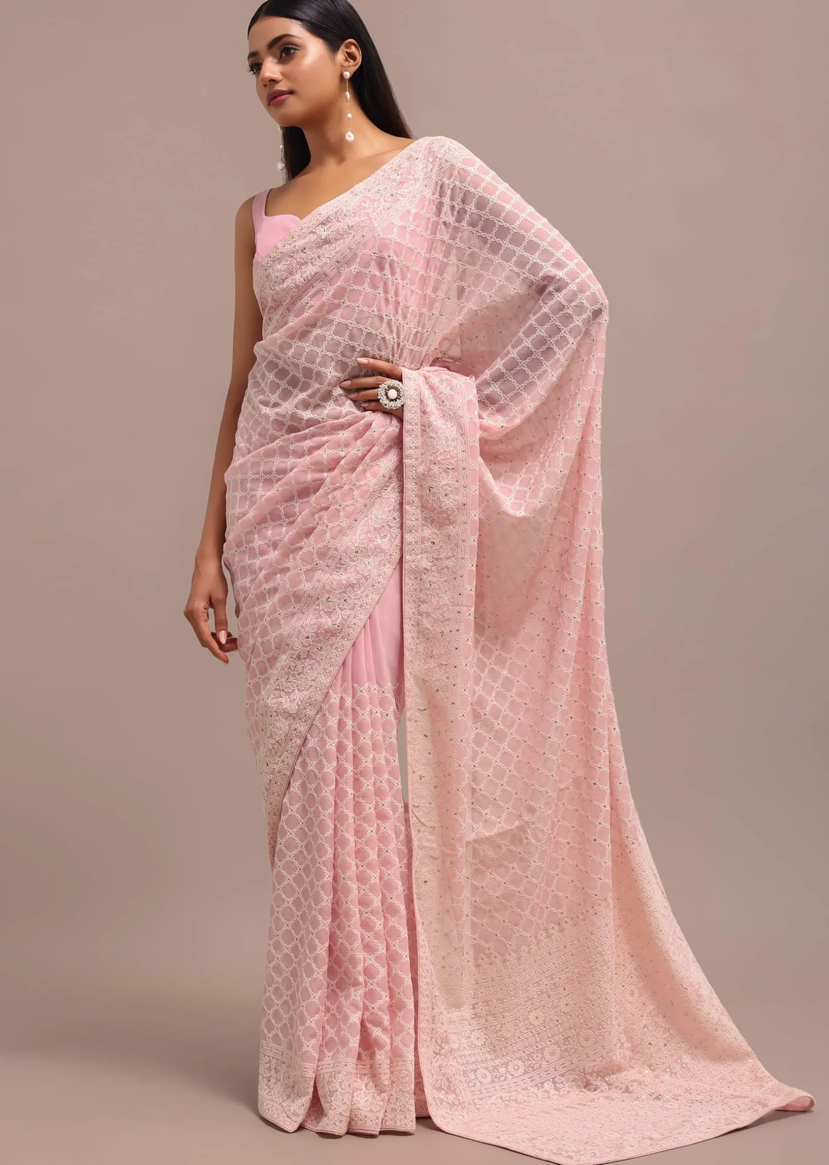 Peach Ombre Chikankari Saree With Unstitched Blouse