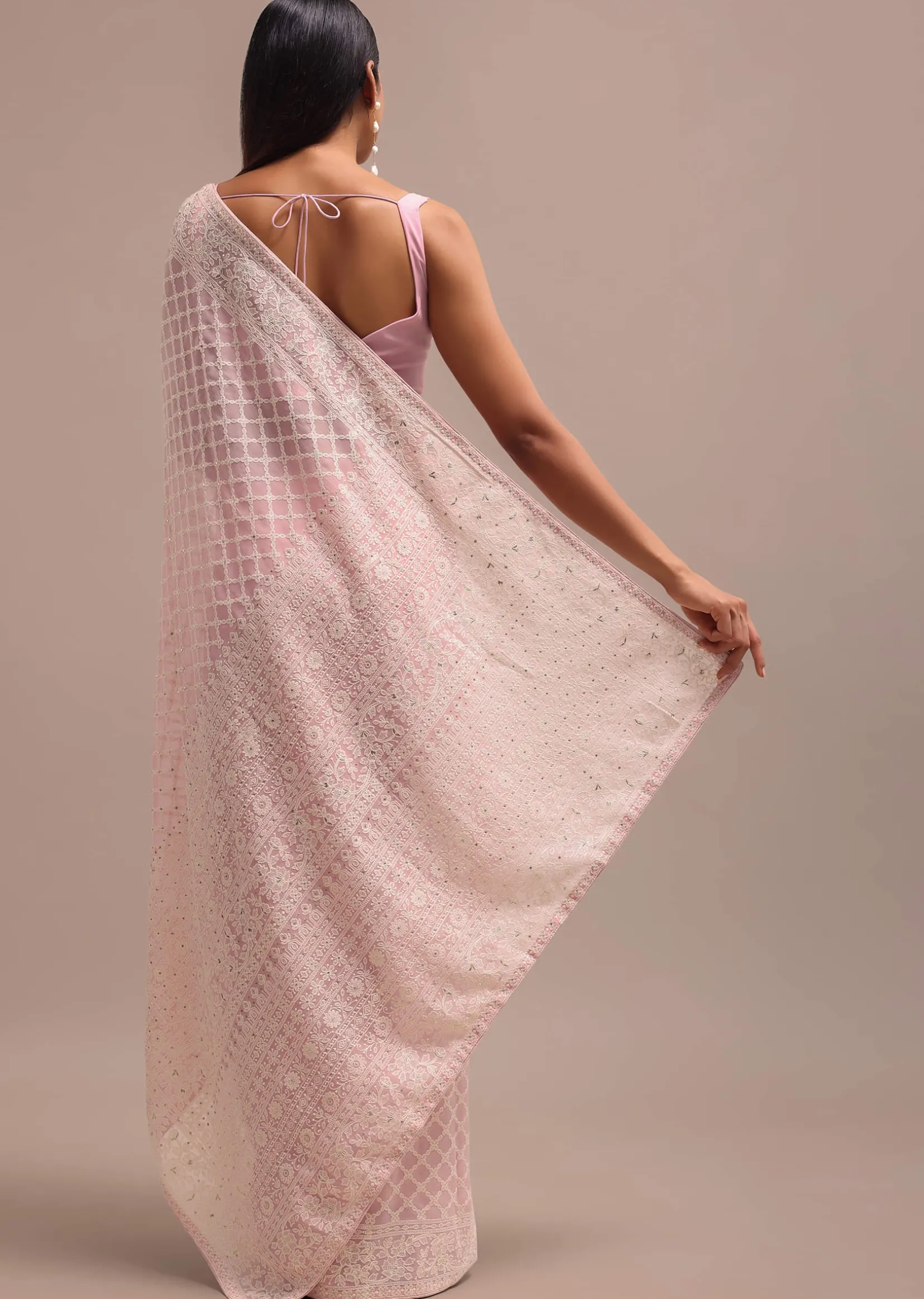 Peach Ombre Chikankari Saree With Unstitched Blouse
