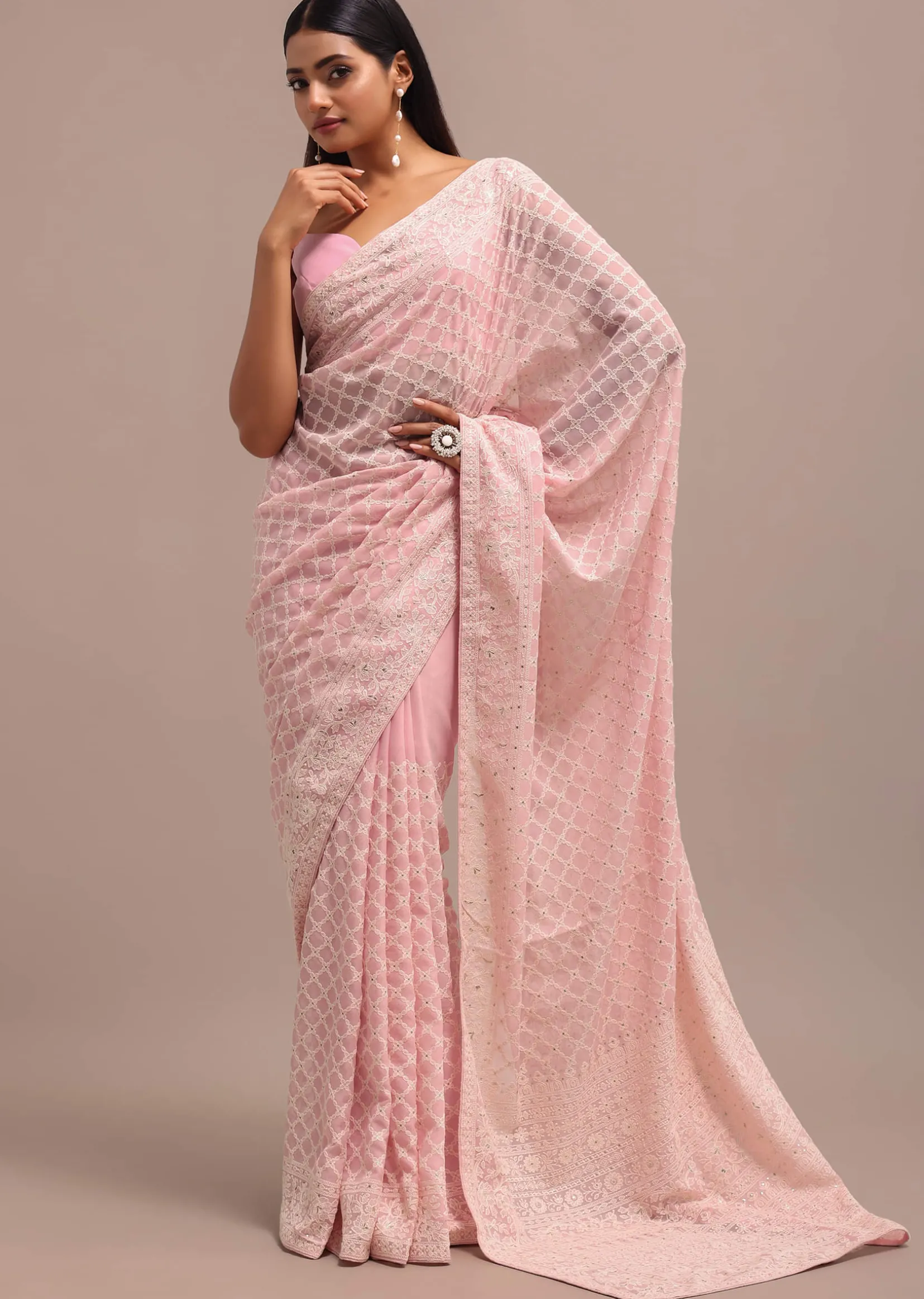 Peach Ombre Chikankari Saree With Unstitched Blouse