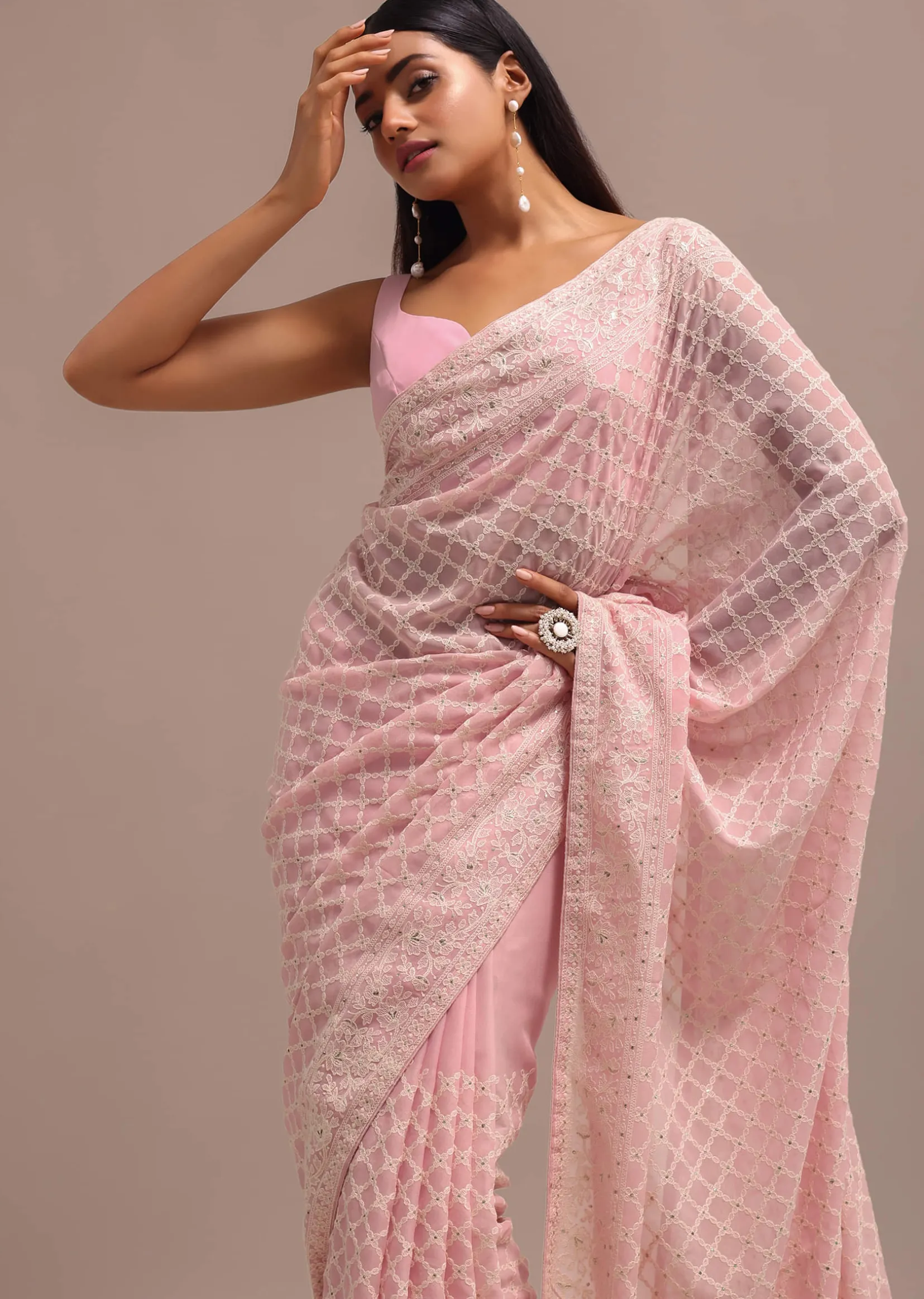 Peach Ombre Chikankari Saree With Unstitched Blouse