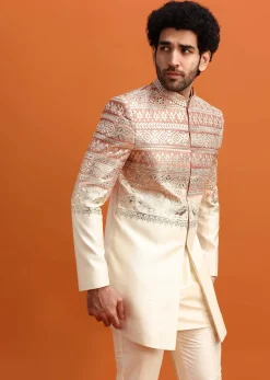Peach Ombre Indowestern Set With Foil Work For Men