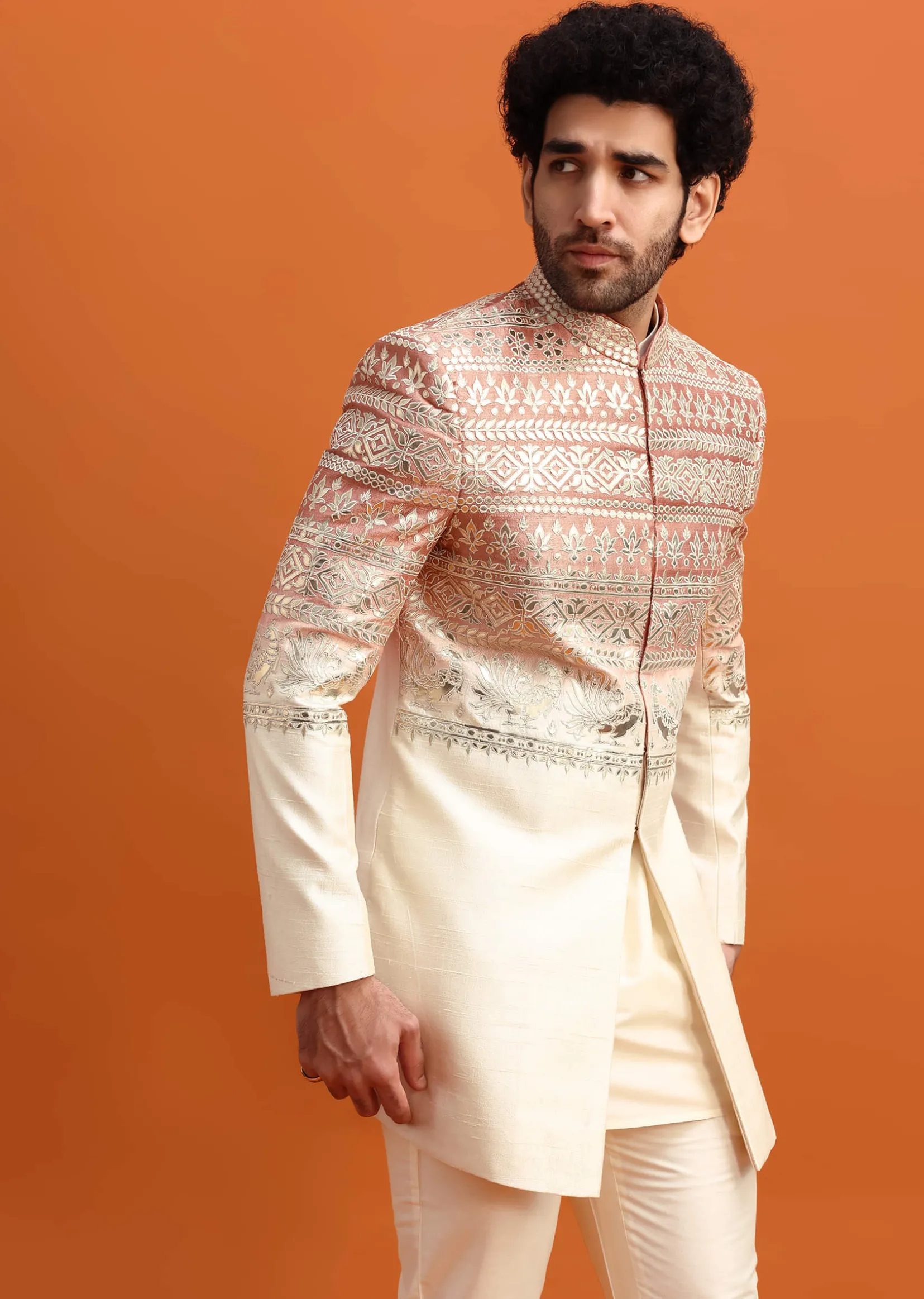 Peach Ombre Indowestern Set With Foil Work For Men