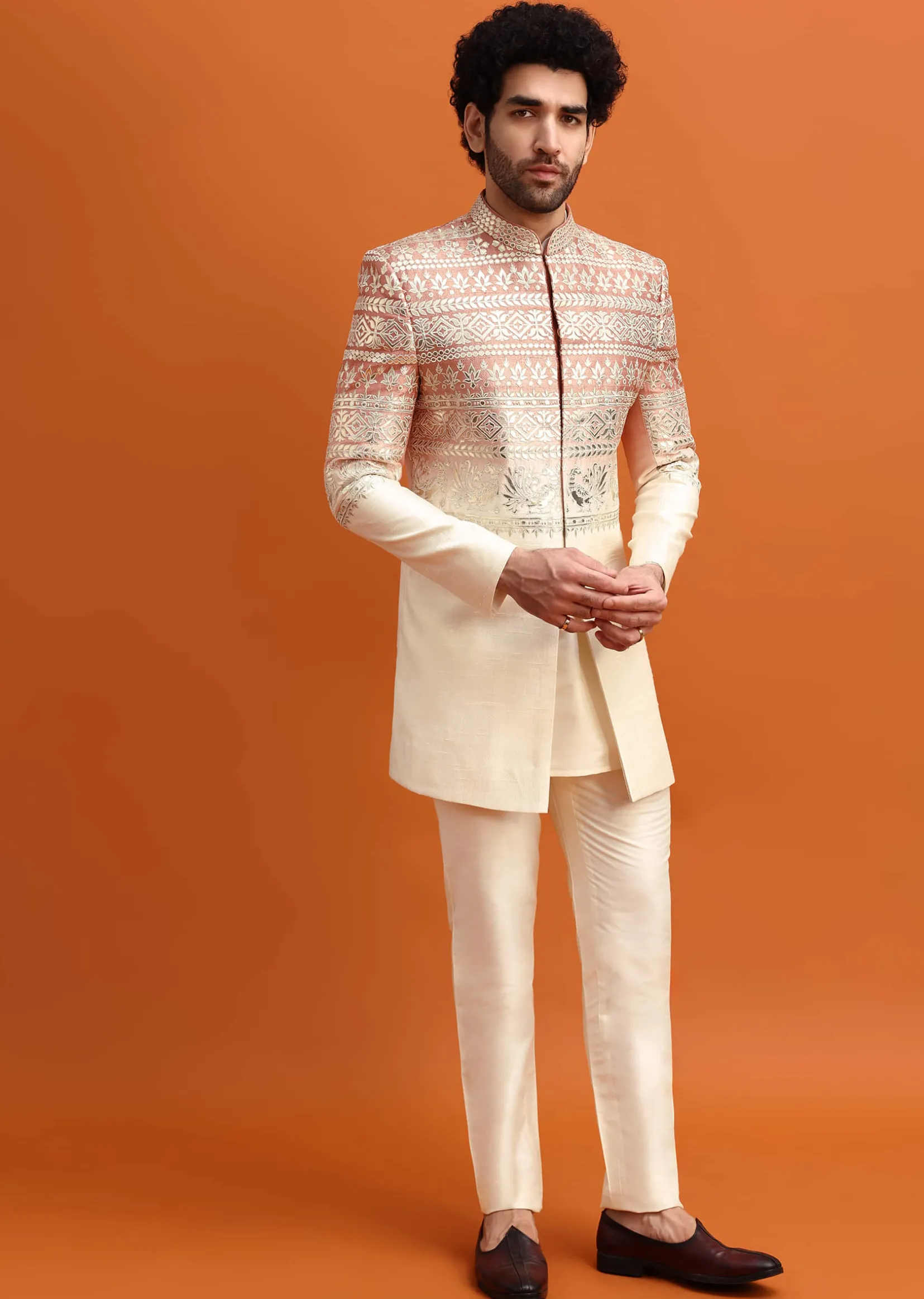 Peach Ombre Indowestern Set With Foil Work For Men