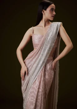 Peach Ombre Pre Drape Saree With Off Shoulder Boat Neck Blouse