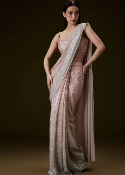 Peach Ombre Pre Drape Saree With Off Shoulder Boat Neck Blouse