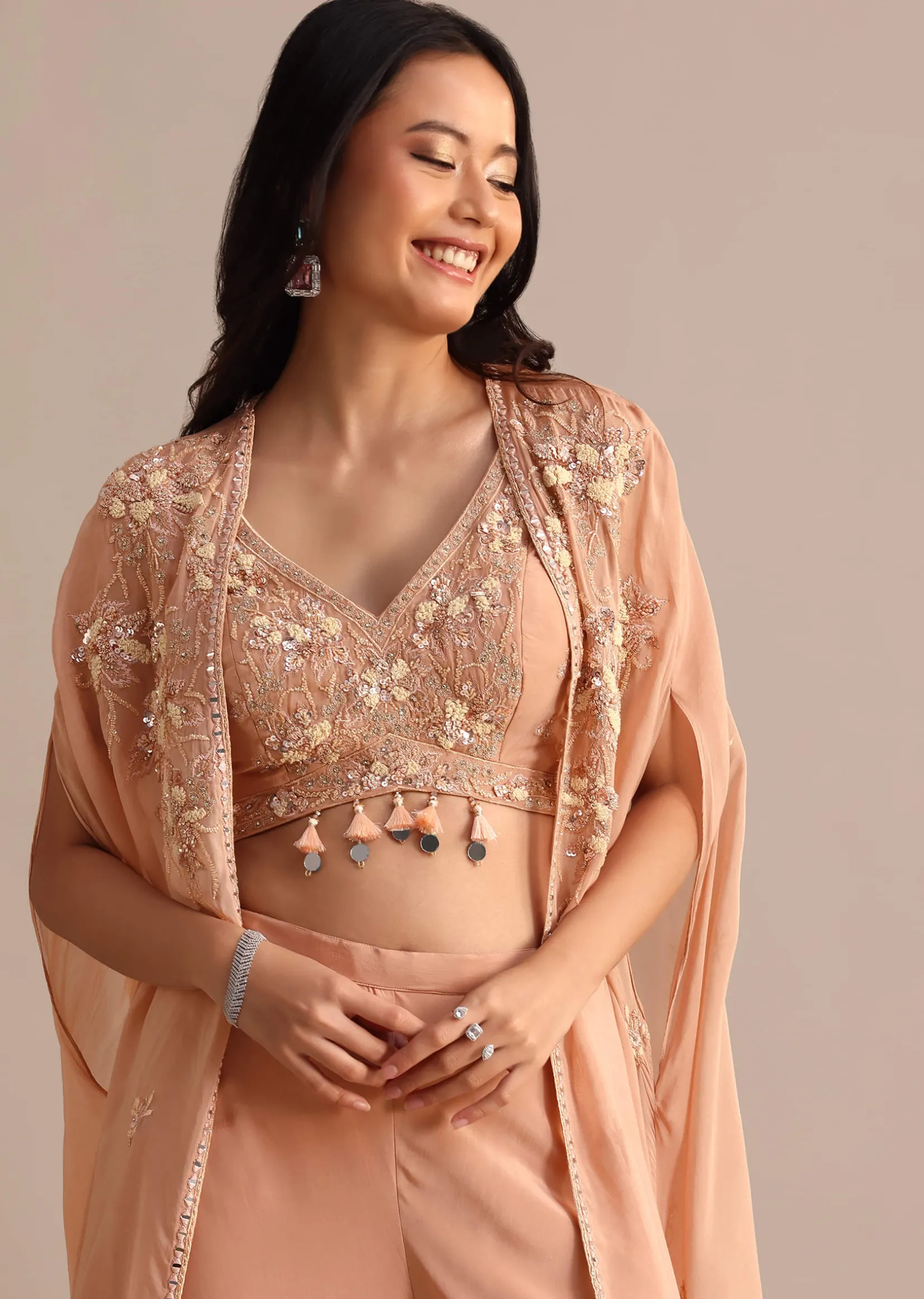 Peach Organza Crop Top Suit With Embroidered Jacket