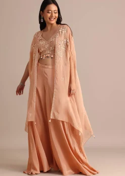 Peach Organza Crop Top Suit With Embroidered Jacket