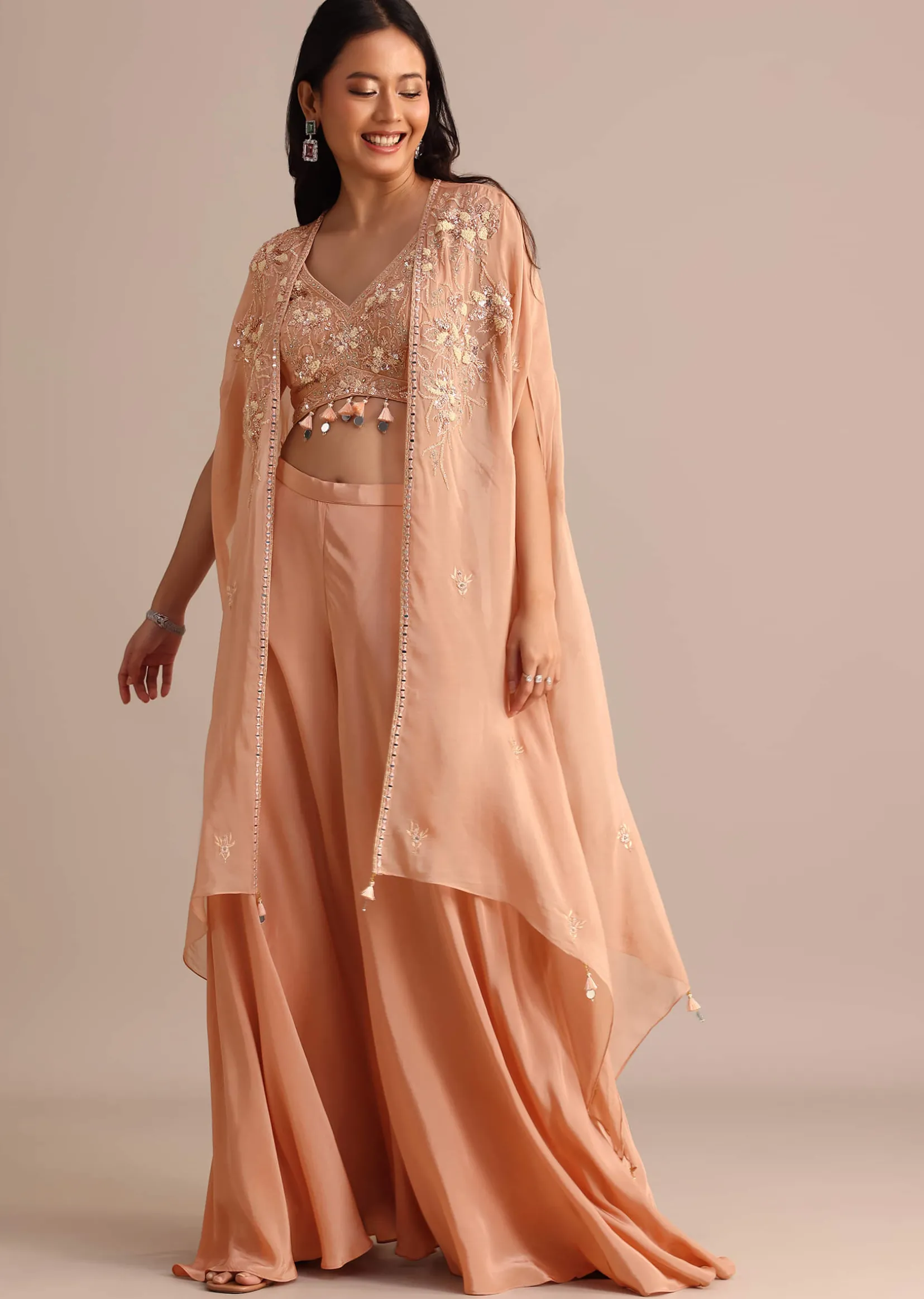 Peach Organza Crop Top Suit With Embroidered Jacket