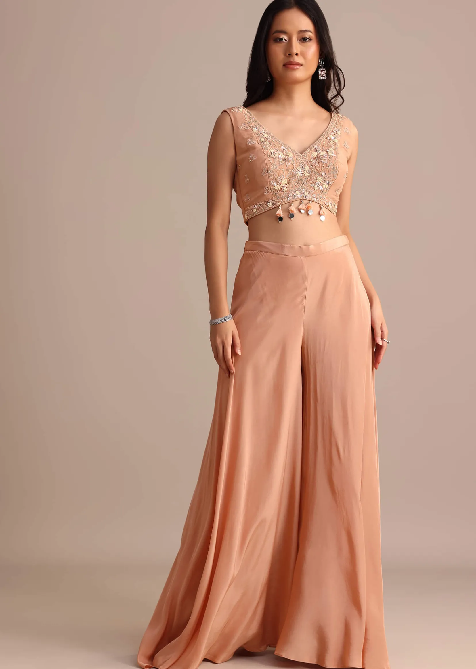 Peach Organza Crop Top Suit With Embroidered Jacket