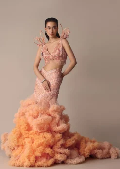 Peach Organza Cutdana Trail Lehenga With Feather Sleeve Blouse