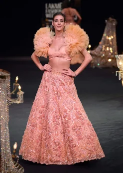 Peach Organza Embroidered Lehenga Set With Floral Ruffle Blouse