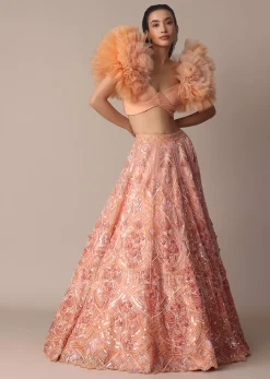 Peach Organza Embroidered Lehenga Set With Floral Ruffle Blouse