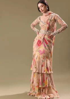 Peach Organza Pre Draped Saree With Embroidered Blouse