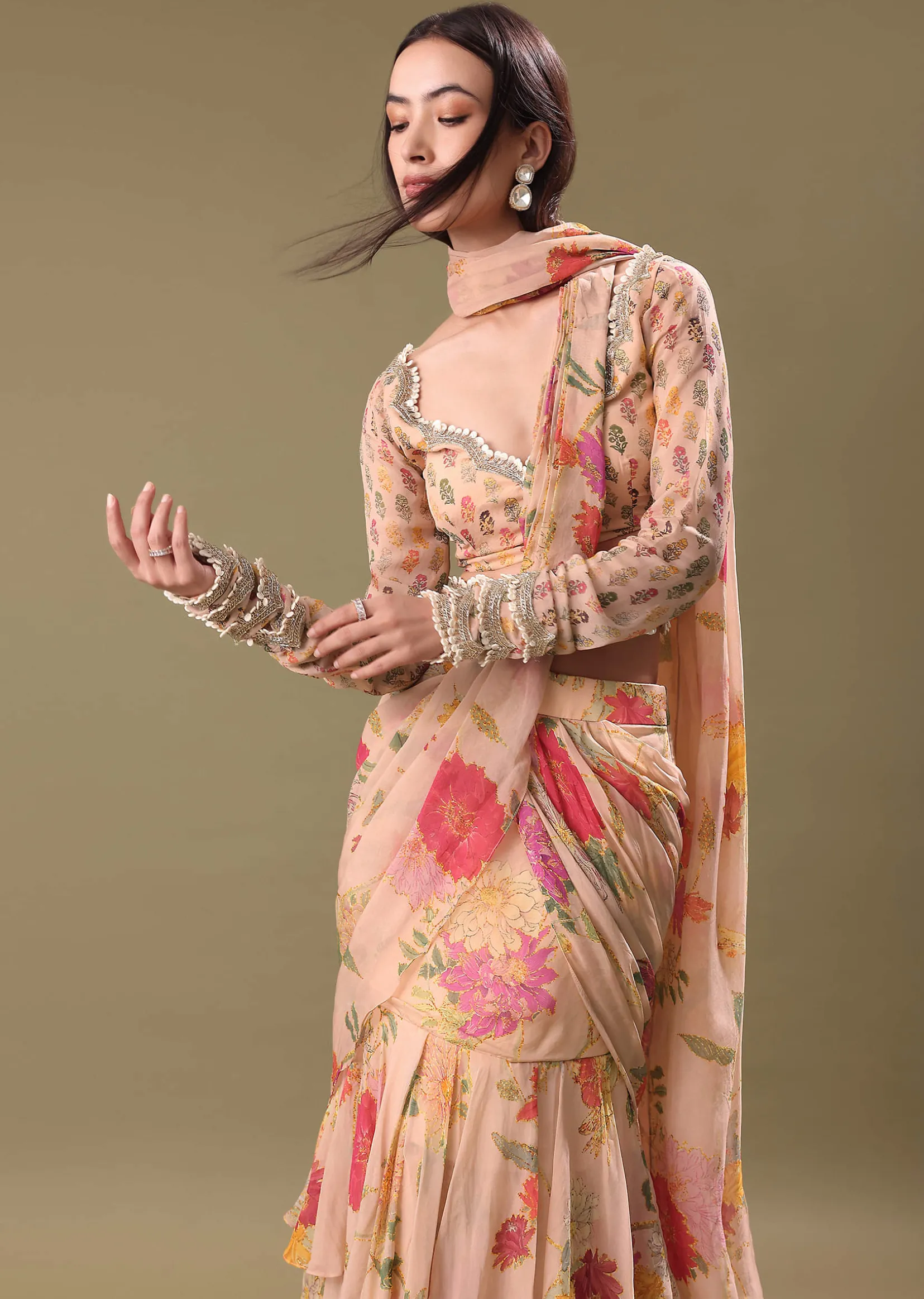 Peach Organza Pre Draped Saree With Embroidered Blouse