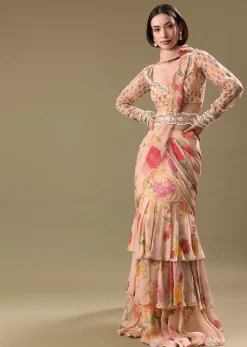 Peach Organza Pre Draped Saree With Embroidered Blouse