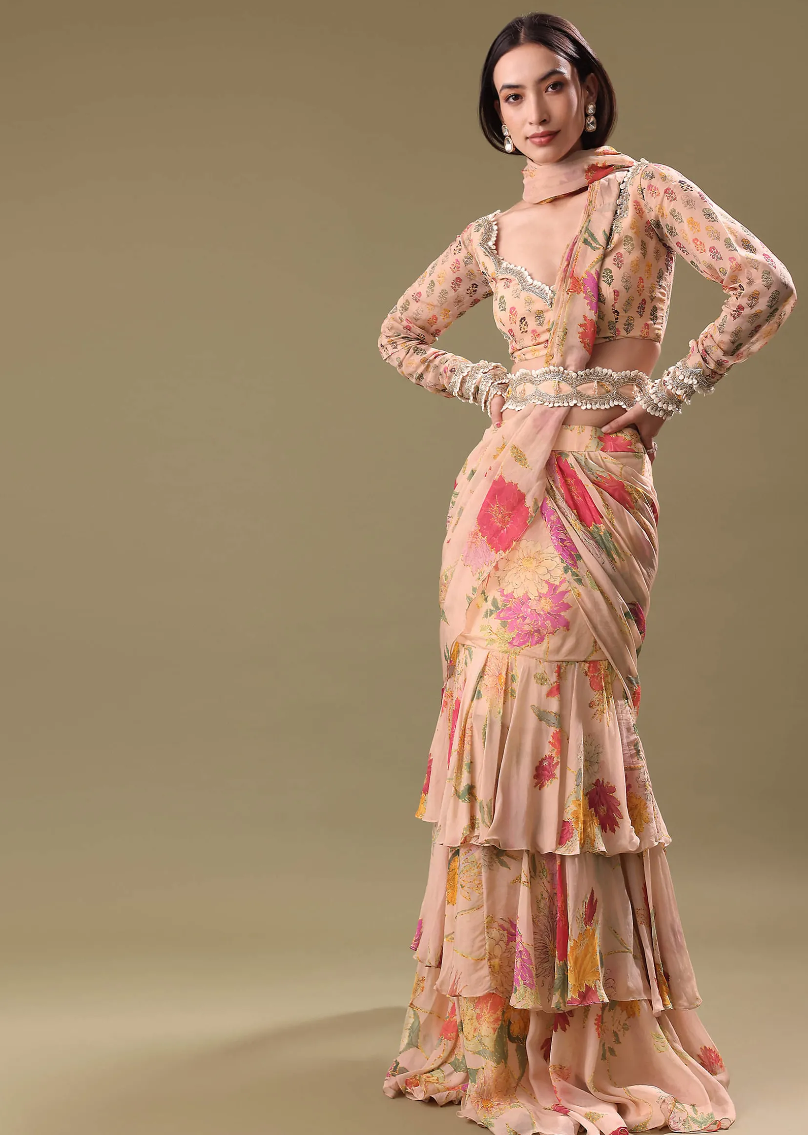 Peach Organza Pre Draped Saree With Embroidered Blouse