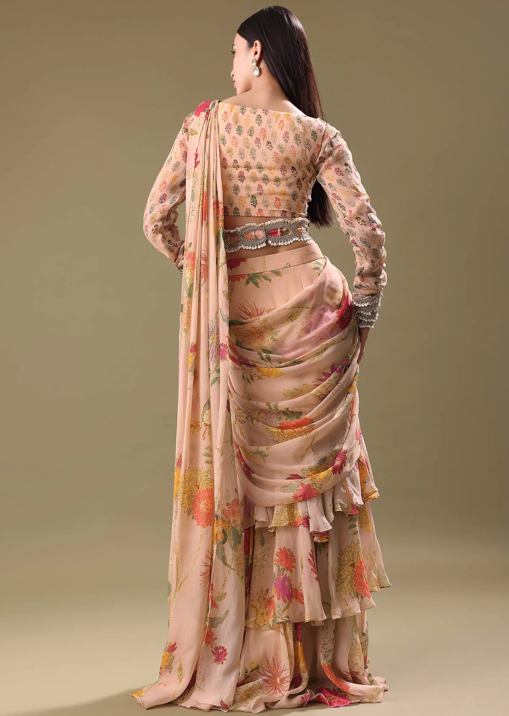 Peach Organza Pre Draped Saree With Embroidered Blouse